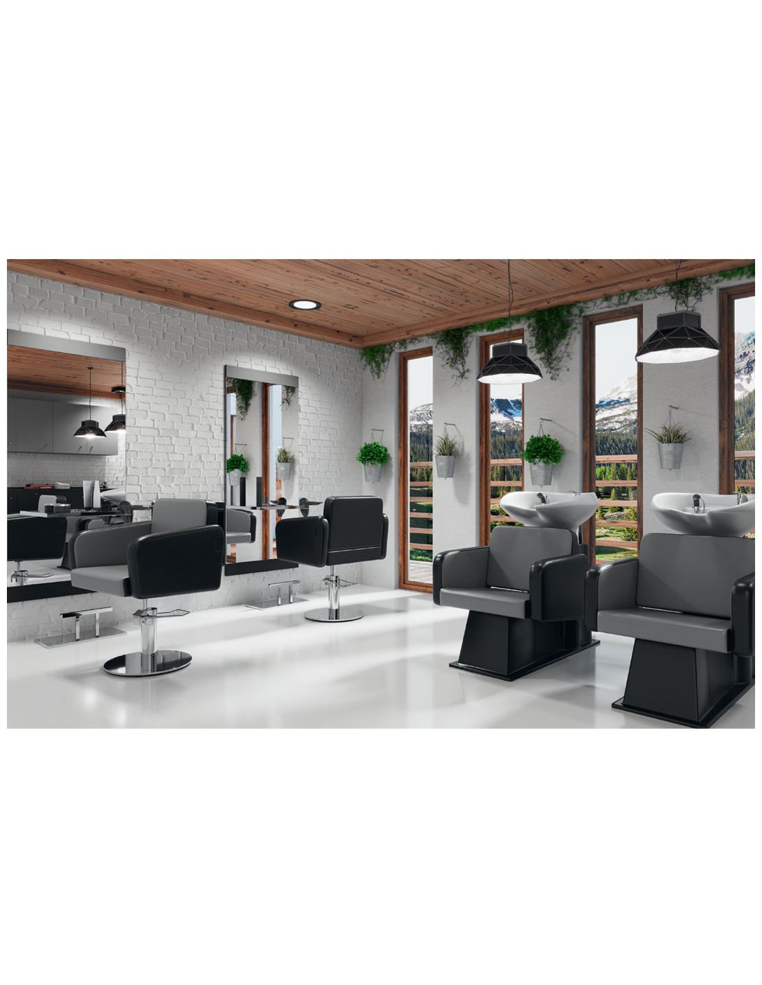 Salão de cabeleireiro com cadeiras pretas e vista para montanhas.