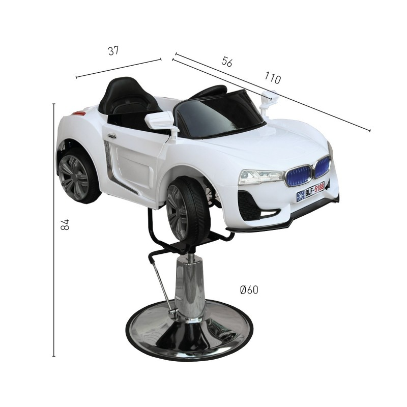 Cadeira de barbeiro infantil em forma de carro branco com base metálica