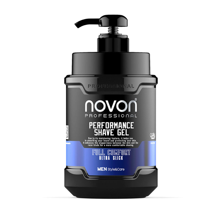 Frasco preto de gel de barbear Novon Professional com tampa de bomba e etiqueta azul e preta.
