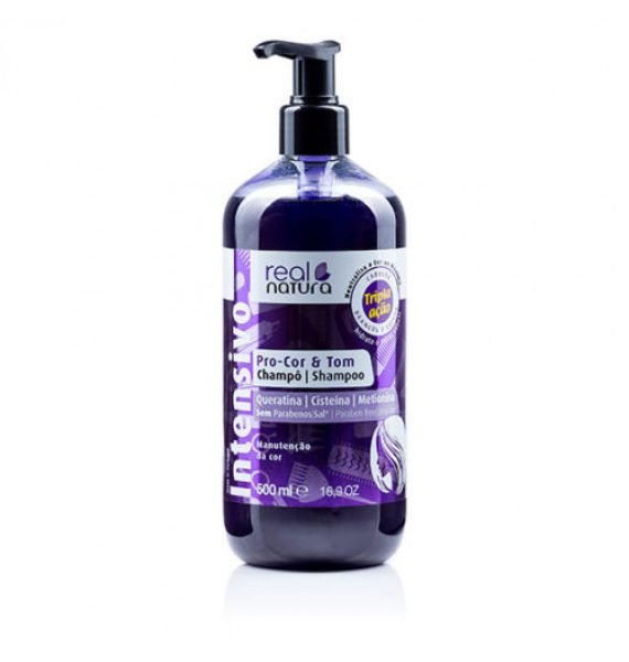 Frasco roxo de champô Real Natura Intensivol com tampa preta e rótulo roxo e branco