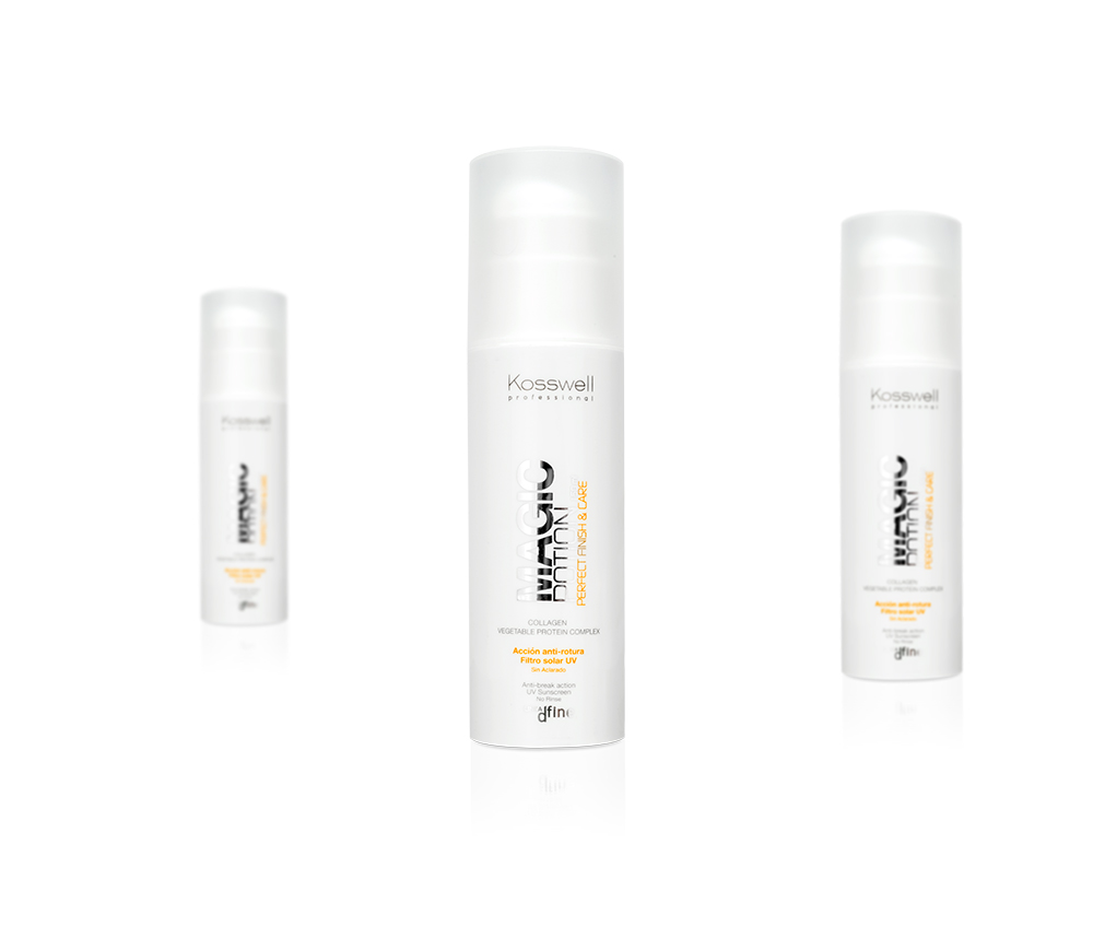 Três frascos brancos de produto com rótulos pretos e laranja, marca Kosswell Professional