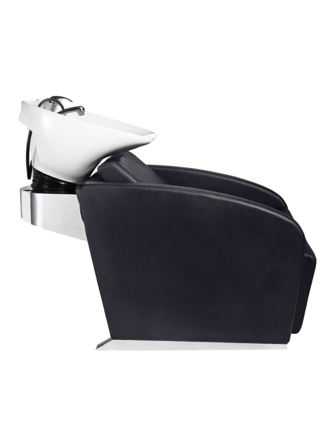 Cadeira preta de lavatório com cuba branca e estrutura metálica prateada