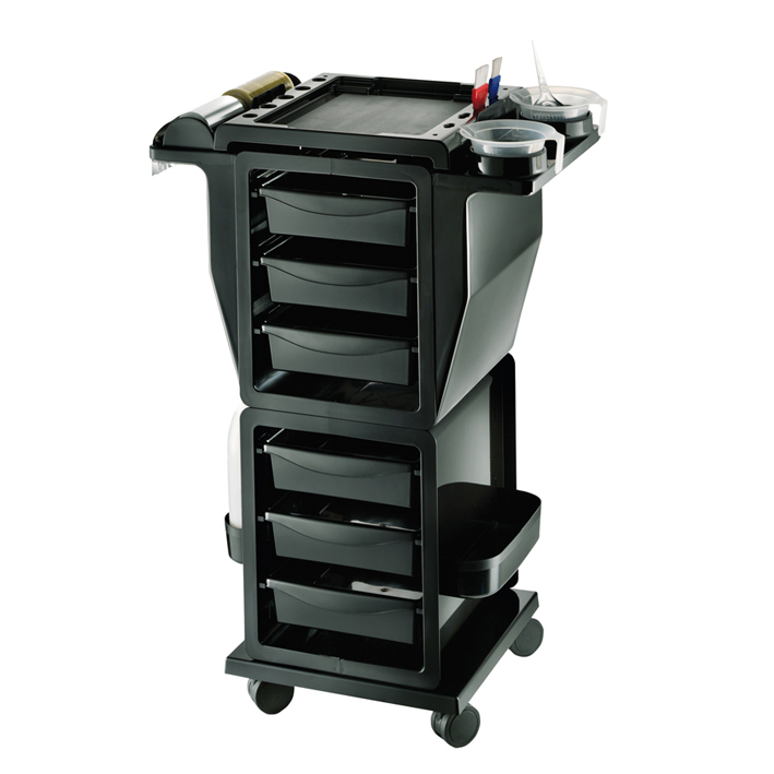 Carrinho de serviço preto com várias gavetas sobre rodas