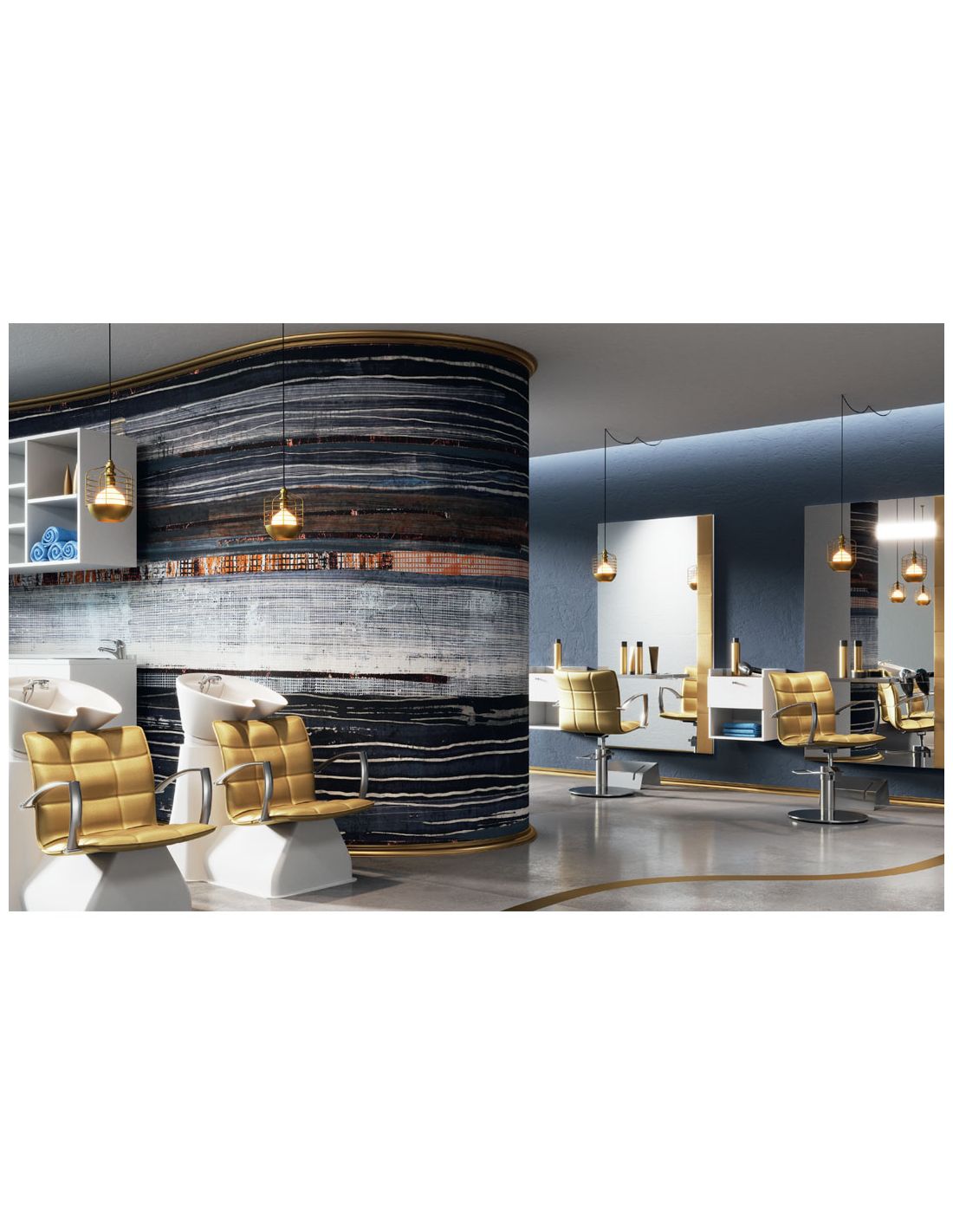 Salão de beleza moderno com cadeiras amarelo-dourado e espelhos grandes