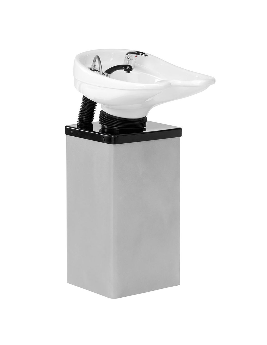 Lavatório de salão branco com base cinza e detalhes pretos