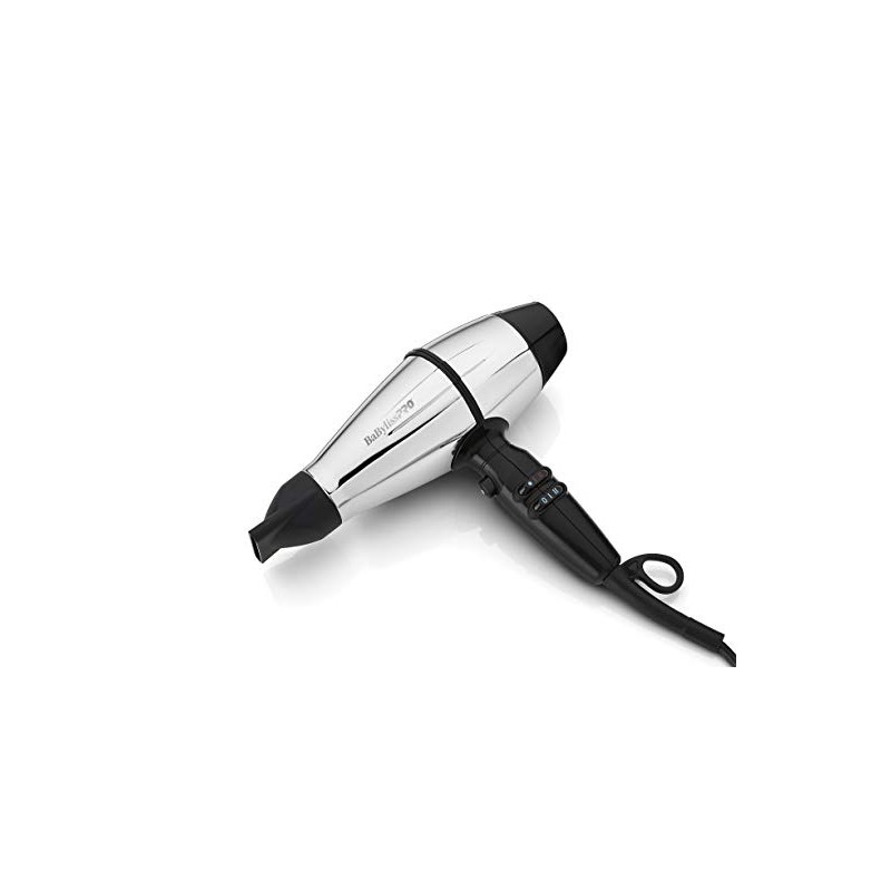 Secador de cabelo metálico prateado com detalhes pretos