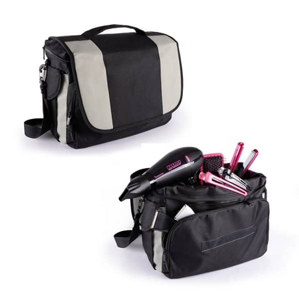 Bolsa de transporte preta e cinzenta com secador de cabelo e acessórios de cabeleireiro