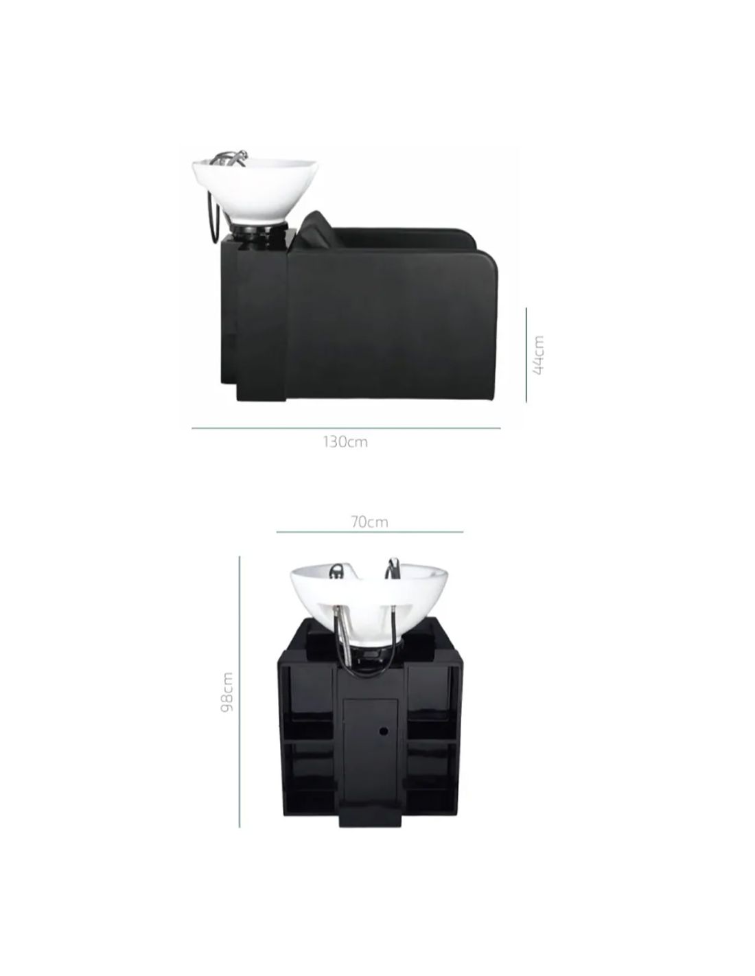 Móvel de lavagem de cabelo preto com lavatório branco e encosto almofadado