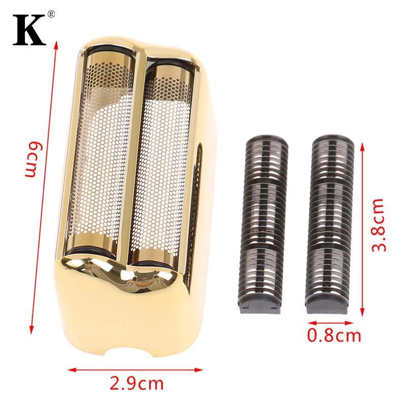 lâmina de barbear dourada com grades metálicas e cilindros pretos ao lado