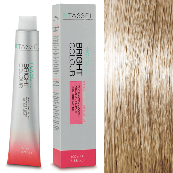 Embalagem e tubo de tinta Tassel Bright Colour ao lado de cabelo loiro claro