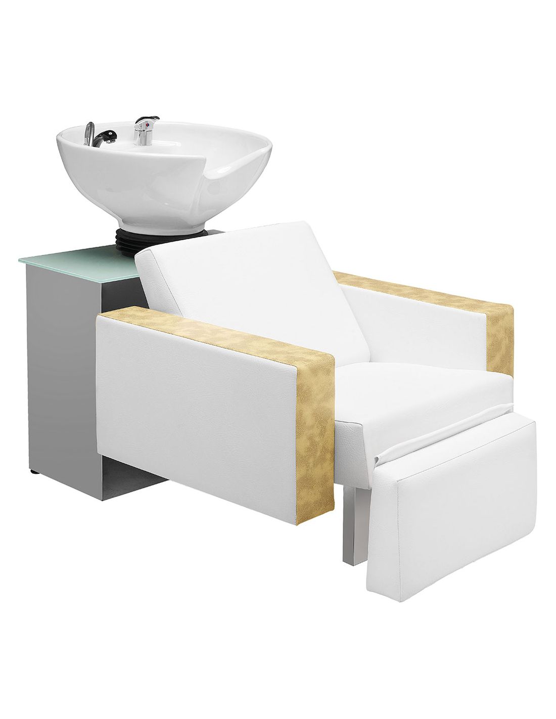 Cadeira de cabeleireiro branca com lavatório e base cinza