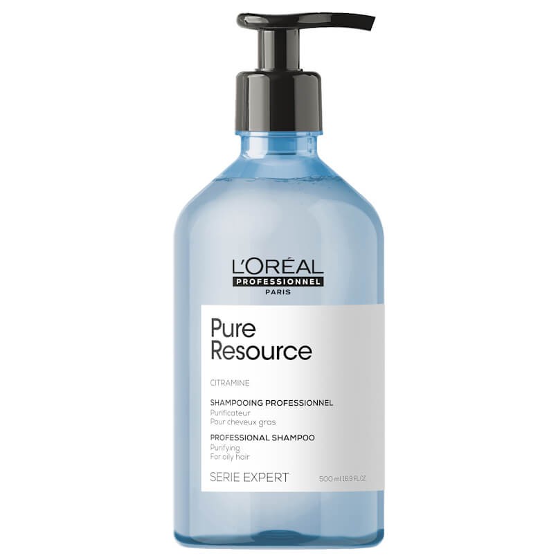 Frasco azul translúcido de champô L'Oréal Pure Resource com doseador preto