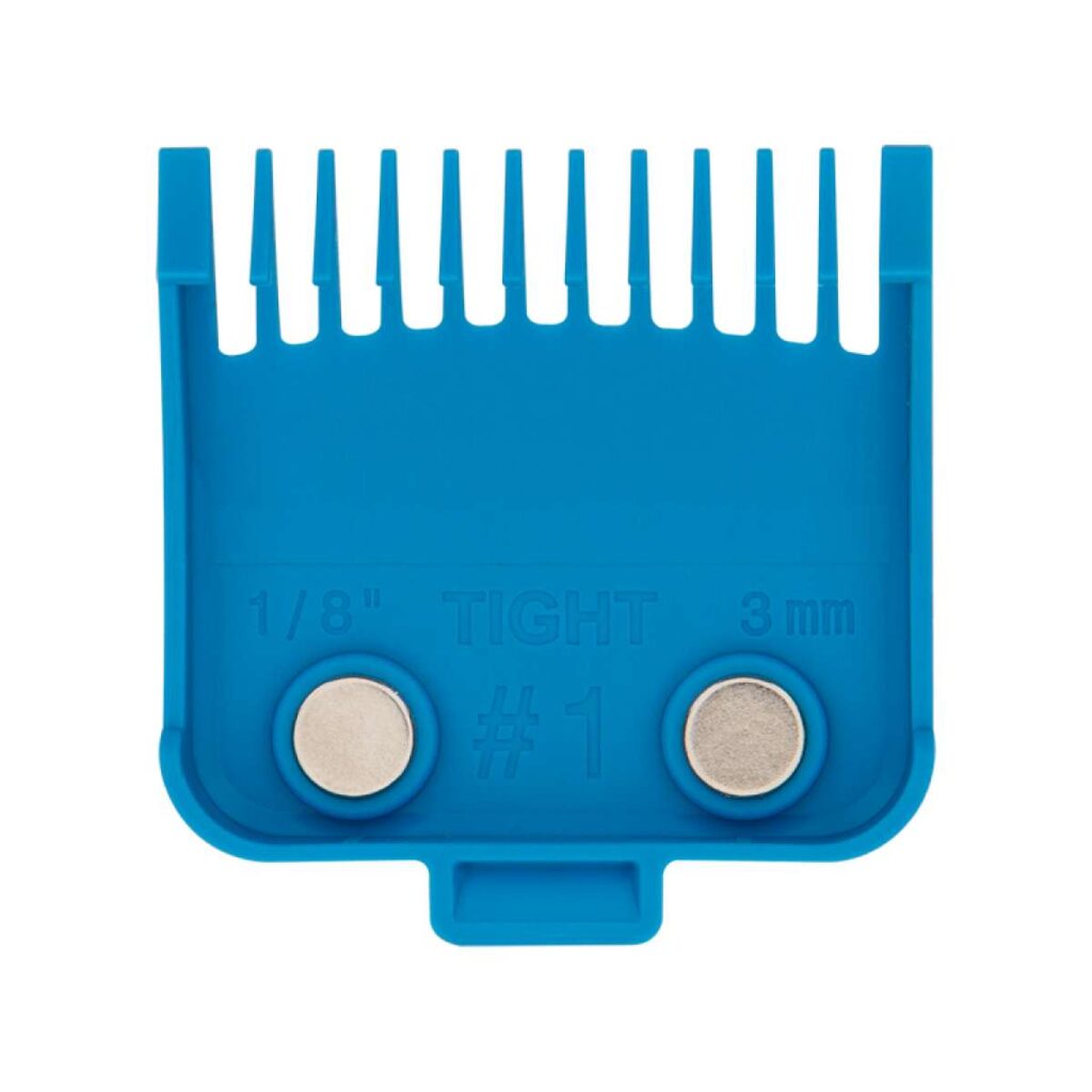 Pente máquina barbear azul com texto e ímanes