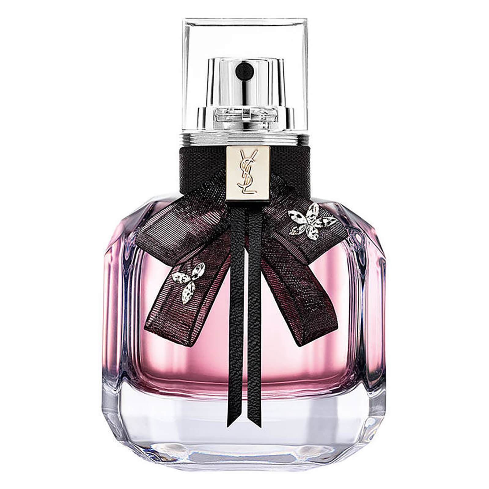 Frasco de perfume YSL com líquido rosa e laço preto