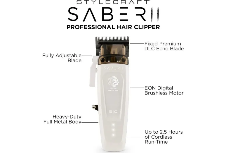 Aparador de cabelo profissional branco Stylecraft Saber II com lâmina ajustável e corpo metálico.