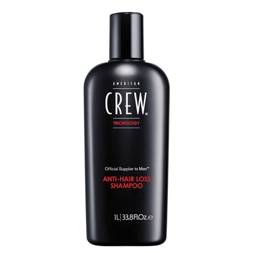 Frasco preto de shampoo American Crew Trichology antiqueda 1 litro