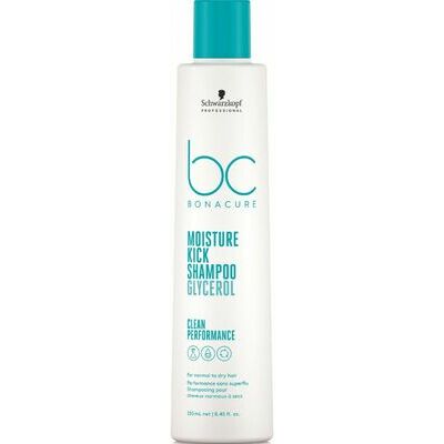 Frasco de shampoo branco e azul Schwarzkopf BC Bonacure Moisture Kick.