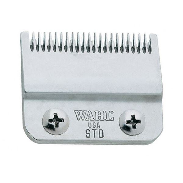 Cabeça de máquina de cortar cabelo metálica WAHL prateada com marcações e parafusos