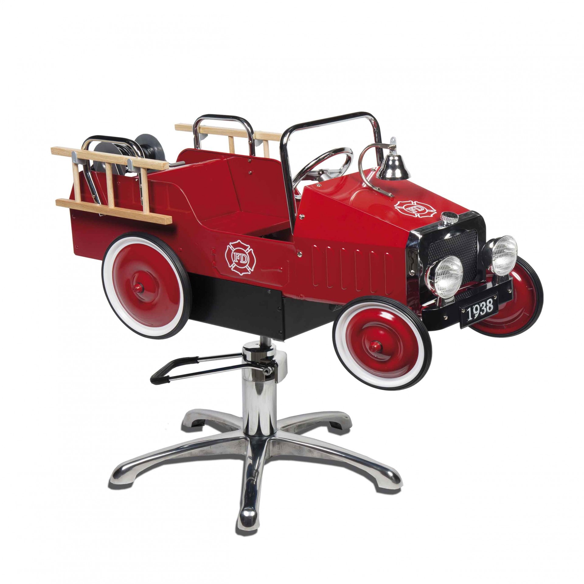 Cadeira infantil de cabeleireiro em forma de carro de bombeiros vermelho com base giratória