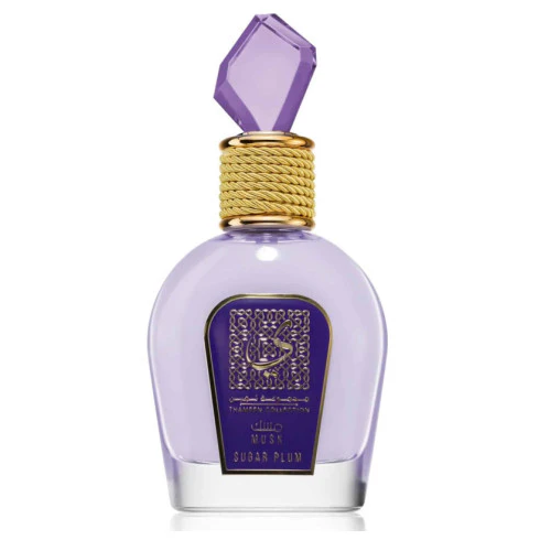 Frasco de perfume em vidro com tampa roxa e rótulo azul com texto ULUSK SUGAR PLUM