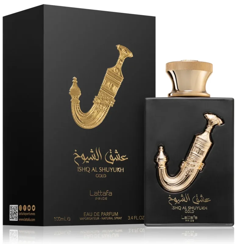 Frasco e caixa preta de perfume Lattafa com design dourado de punhal tradicional