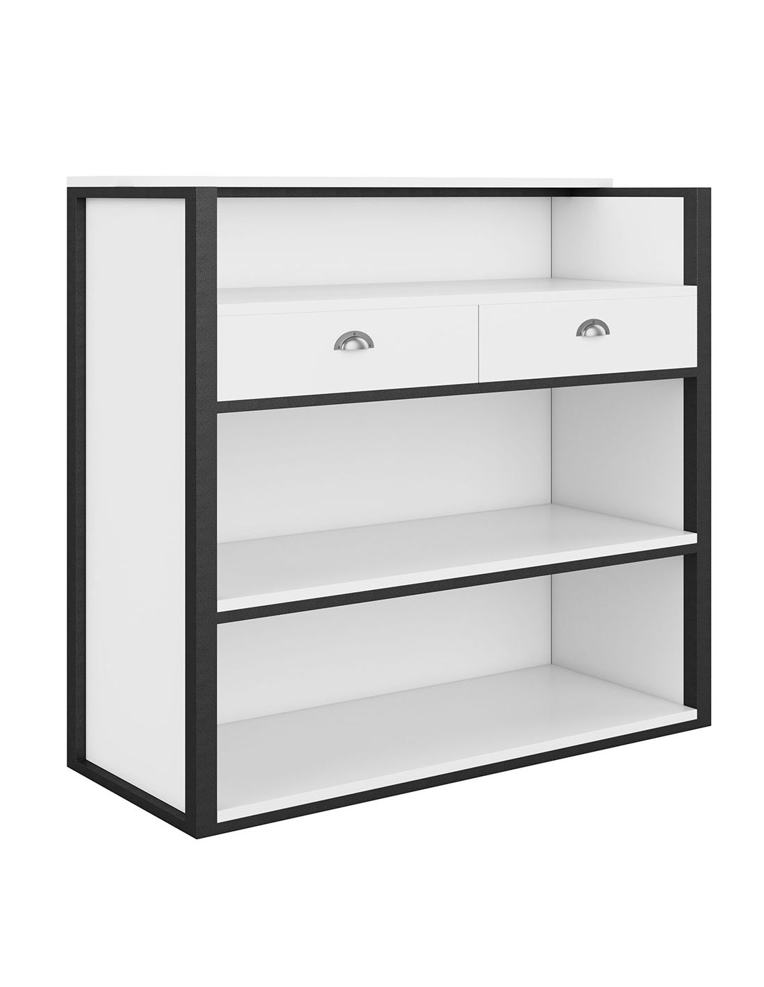 Estante branca com estrutura preta e duas gavetas com puxadores metálicos