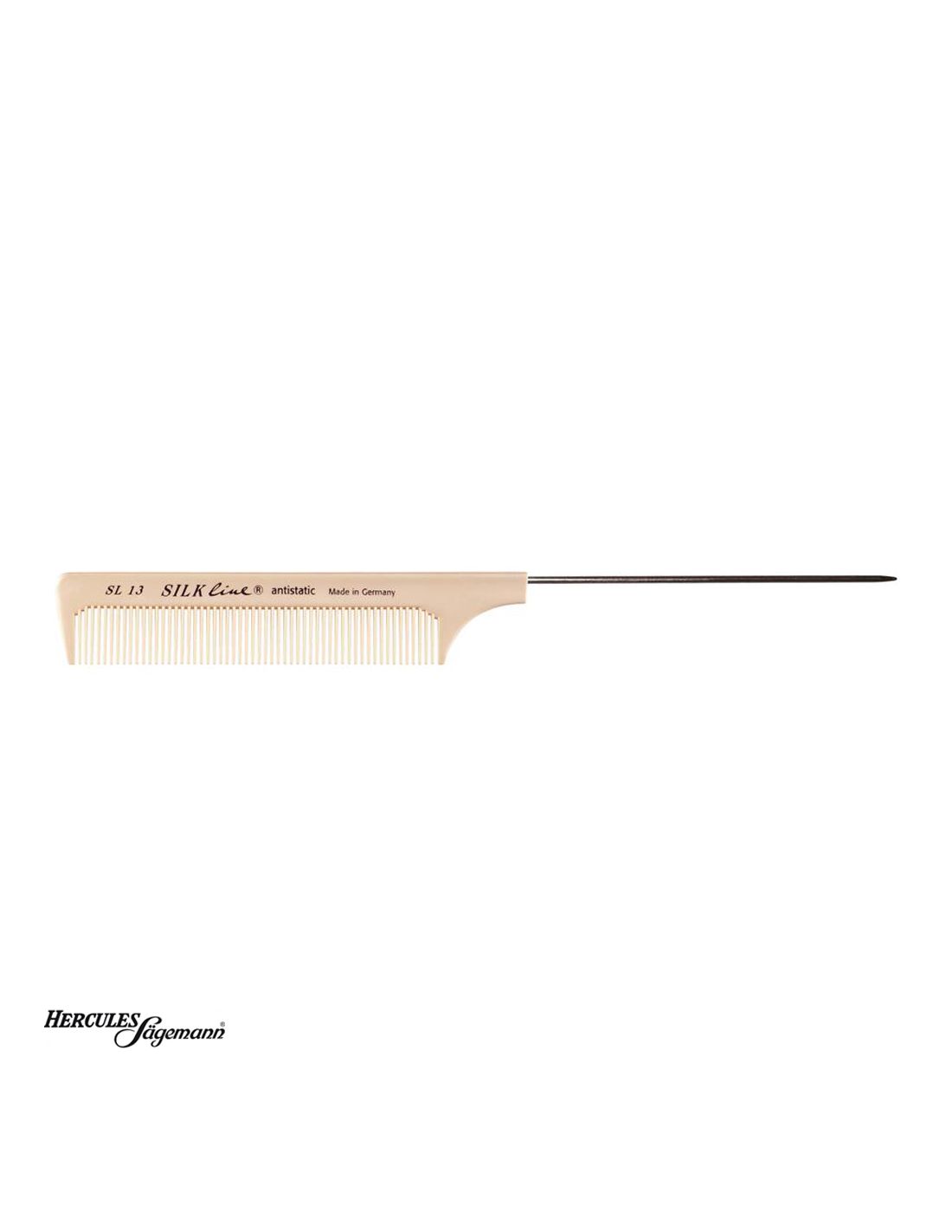 Pente de cabo longo bege com ponta metálica fina e texto