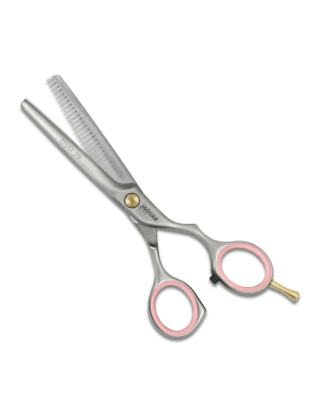 Tesoura de desbaste em aço com cabo rosado e detalhes dourados