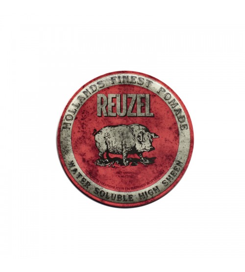 Pote redondo vermelho e branco de pomada REUZEL com porco preto e texto na tampa