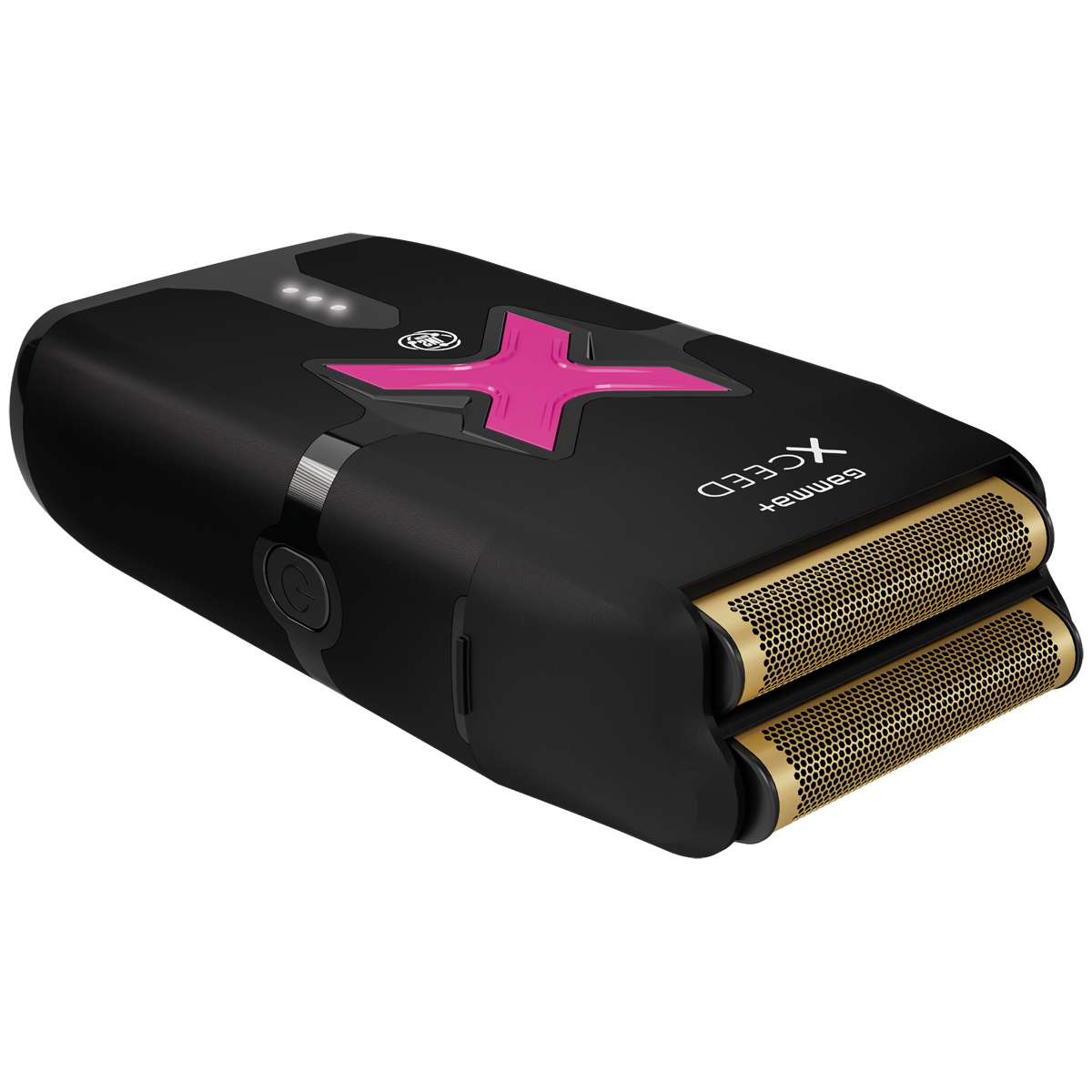 Aparador de barba elétrico preto e rosa com lâminas douradas