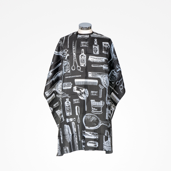 penteador preto com padrão branco de utensílios de barbeiro em manequim