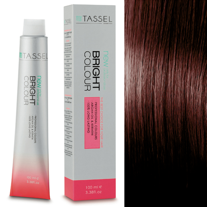 Tubo e caixa TASSEL Bright Colour com amostra de cabelo castanho avermelhado