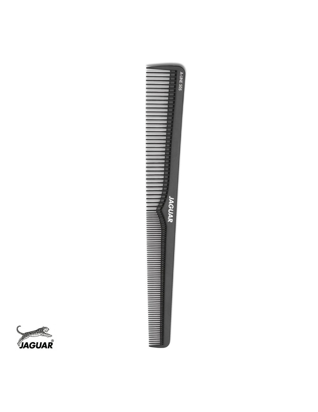 Pente preto de plástico com dentes finos e médios e texto JAGUAR