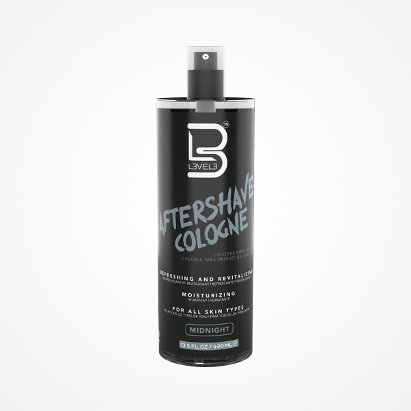 Frasco preto de spray de aftershave colónia 3 Level com texto branco e cinza