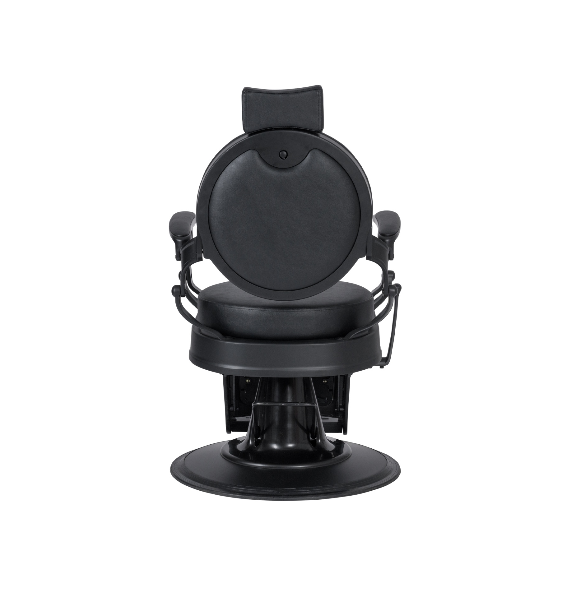 Cadeira de barbeiro preta com encosto redondo e base circular em fundo branco