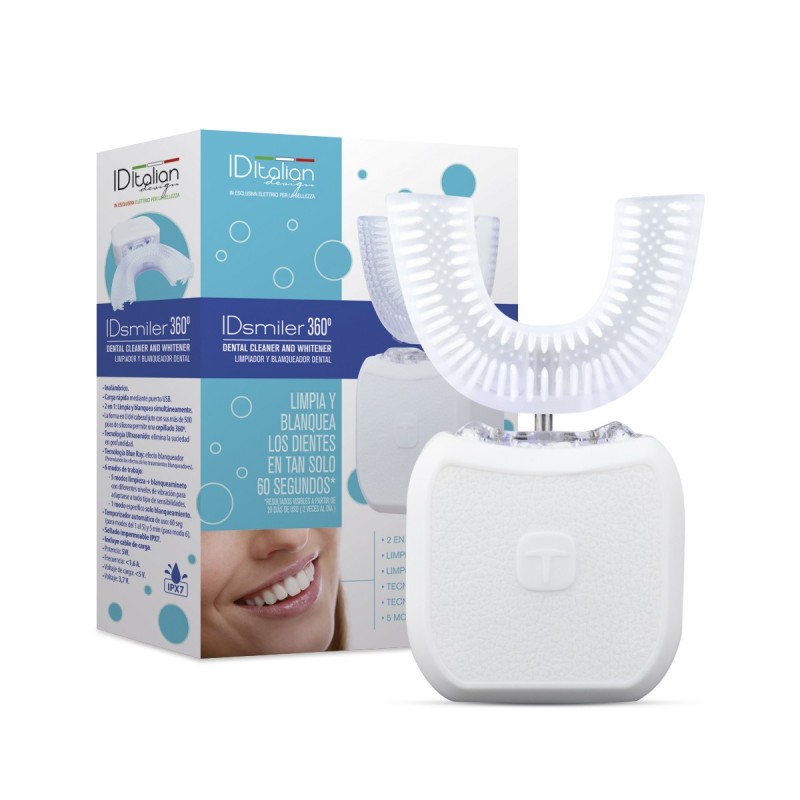 Dispositivo de branqueamento dental IDItalian IDsmiler 360º com caixa azul e branco