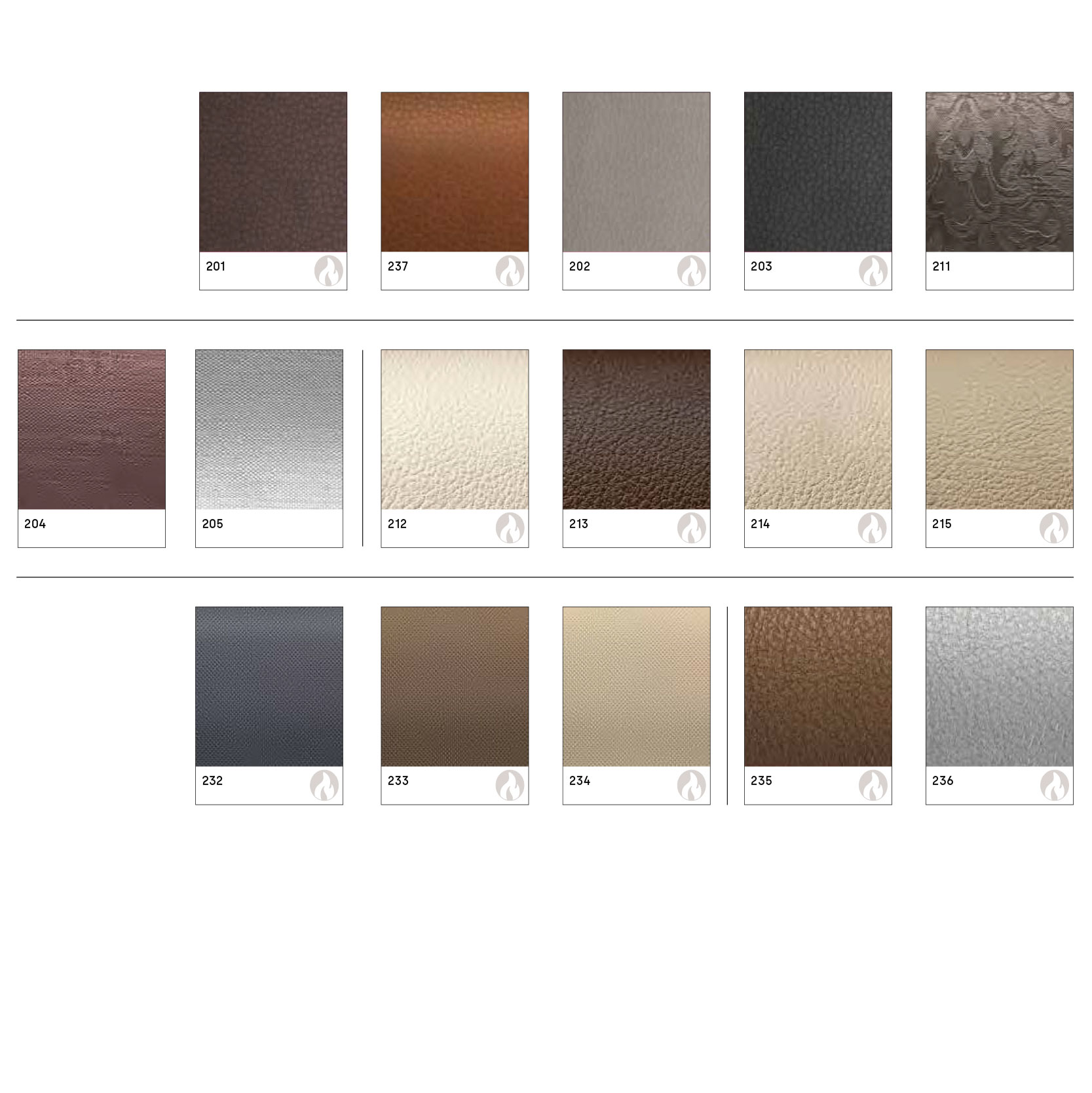 Amostras de materiais em várias cores e texturas com códigos numerados