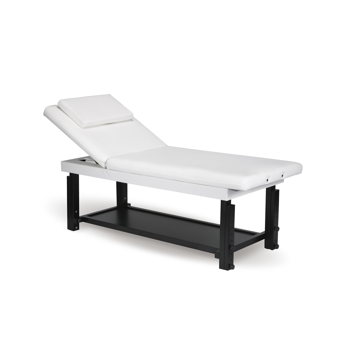 Cama de massagem com almofada branca e estrutura preta