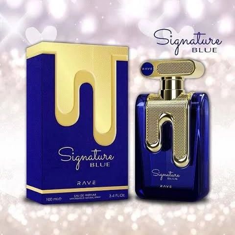 Frasco e embalagem de perfume Signature Blue Rave azul com detalhes dourados
