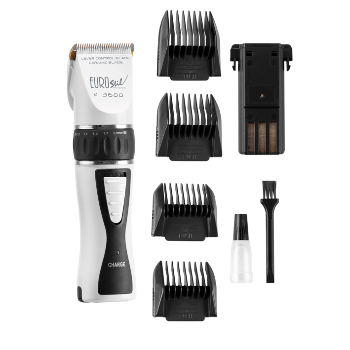 Máquina de cortar cabelo EUROsil K-3600 com acessórios num fundo branco