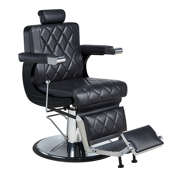 Cadeira de barbeiro preta com base metálica e estofado em losangos