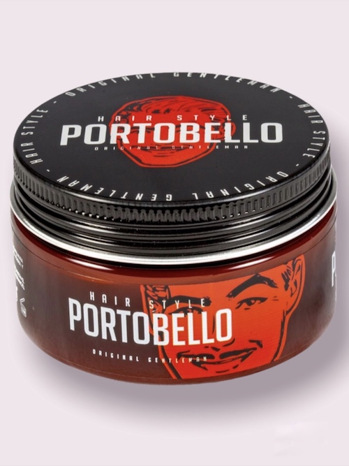 Pote castanho com tampa preta e texto 'PORTOBELLO HAIR STYLE' com desenho de rosto masculino