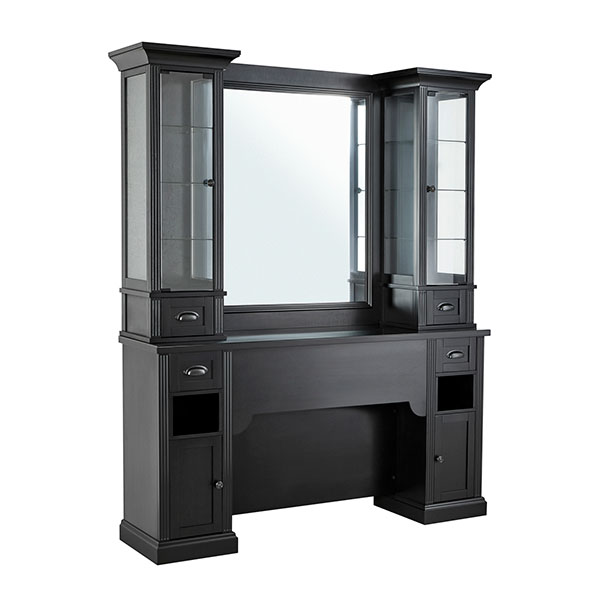 Móvel de cabeleireiro preto com espelho e vitrinas de vidro