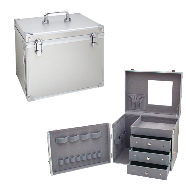 Mala de maquilhagem ou joalharia metálica cinzenta com interior forrado a veludo cinzento e espelho