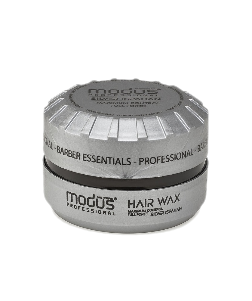 Frasco prateado de cera para cabelo Modus Professional com texto na embalagem.