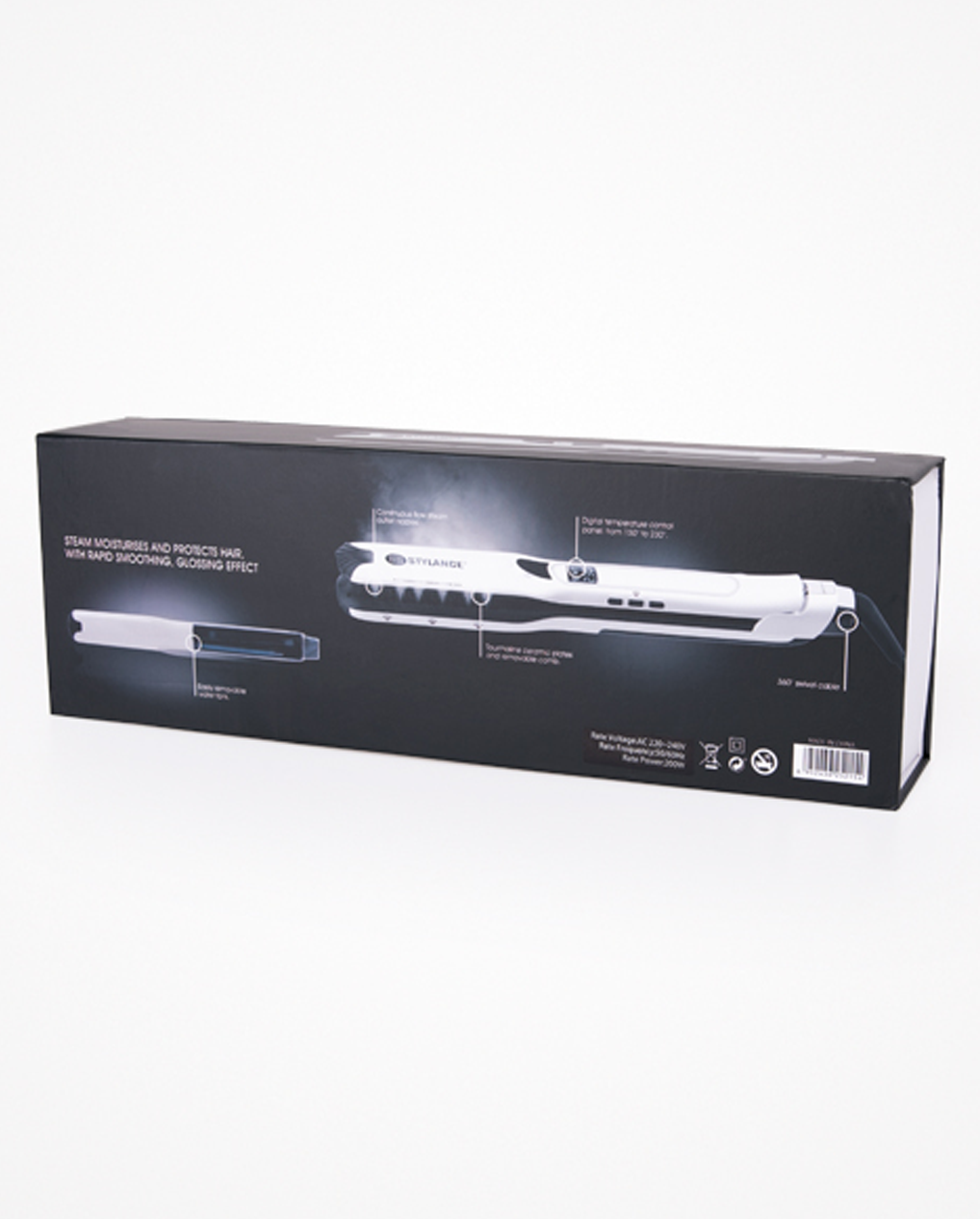 Embalagem preta de ferro de alisar cabelo branco com texto e imagens técnicas