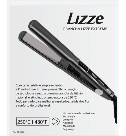 Prancha de cabelo preta Lizze Extreme com superfície metálica prateada