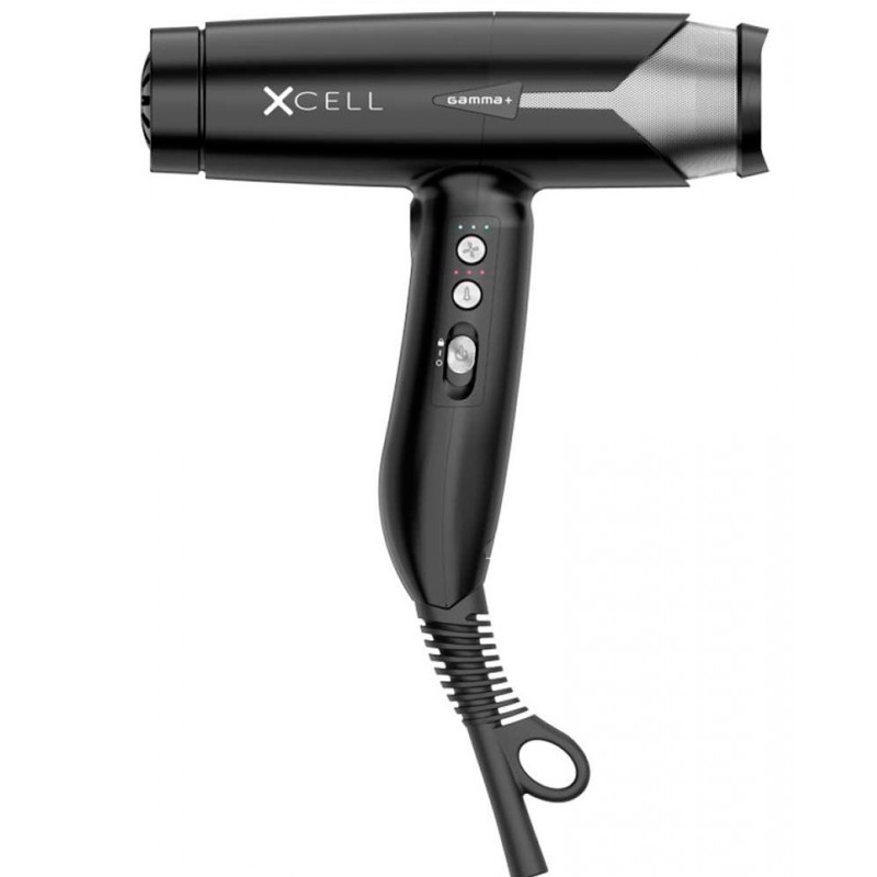 Secador de cabelo preto e cinzento com botões e escrita XCELL e gamma+