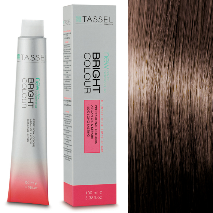 Tubo e caixa do produto TASSEL BRIGHT COLOUR junto a amostra de cabelo castanho liso