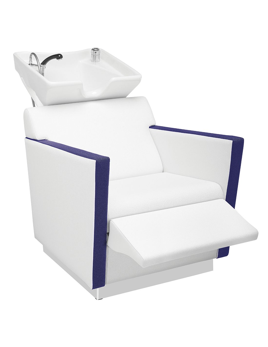 Cadeira de cabeleireiro branca com lavatório cerâmico e apoios de braço roxos